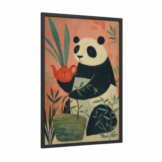 Bamboo Panda framed art print — black wood frame — peach and true green palette