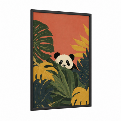 Tropical Panda framed art print — black wood frame — orange and green palette