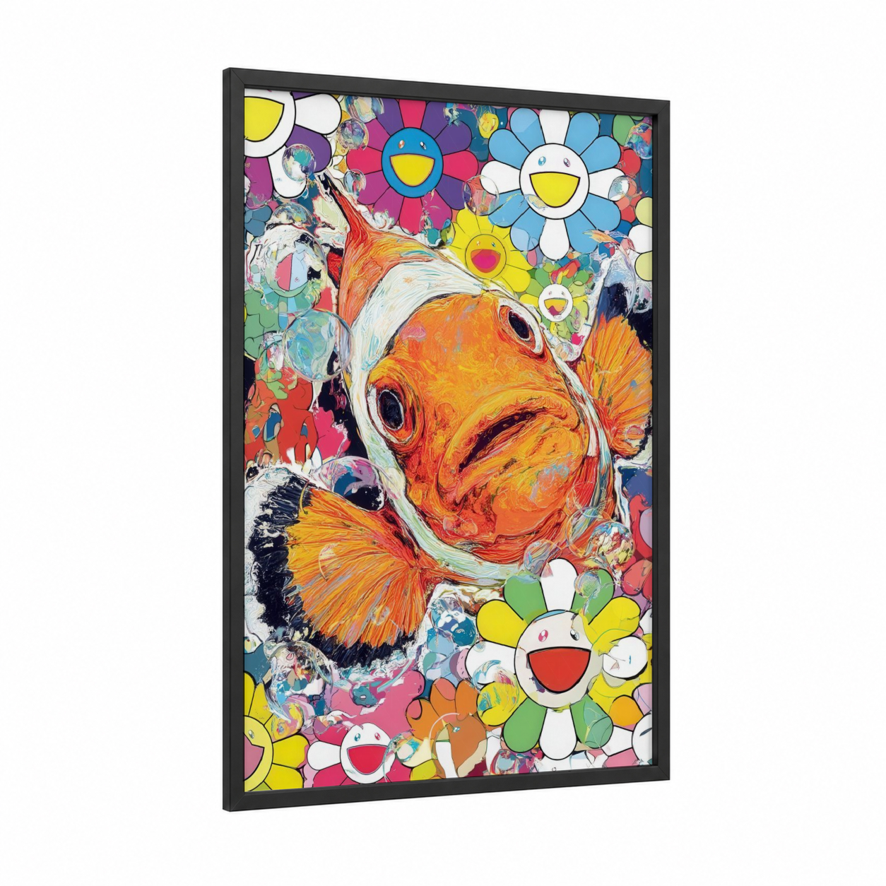 Smiling Clownfish framed clown fish print — black wood frame — orange and yellow palette