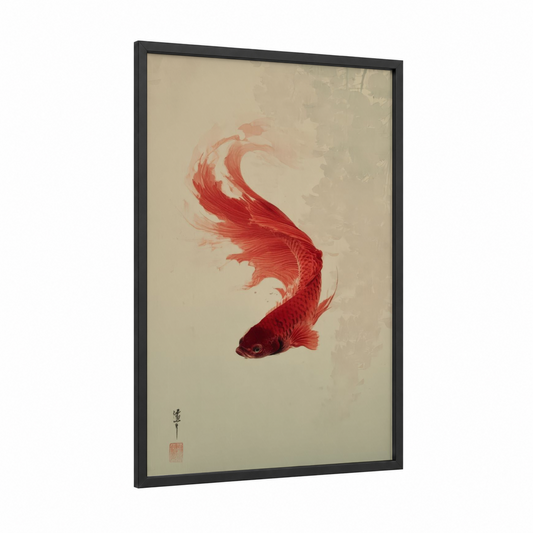 Crimson Betta Flow framed fighting fish print — black wood frame — red and cream palette