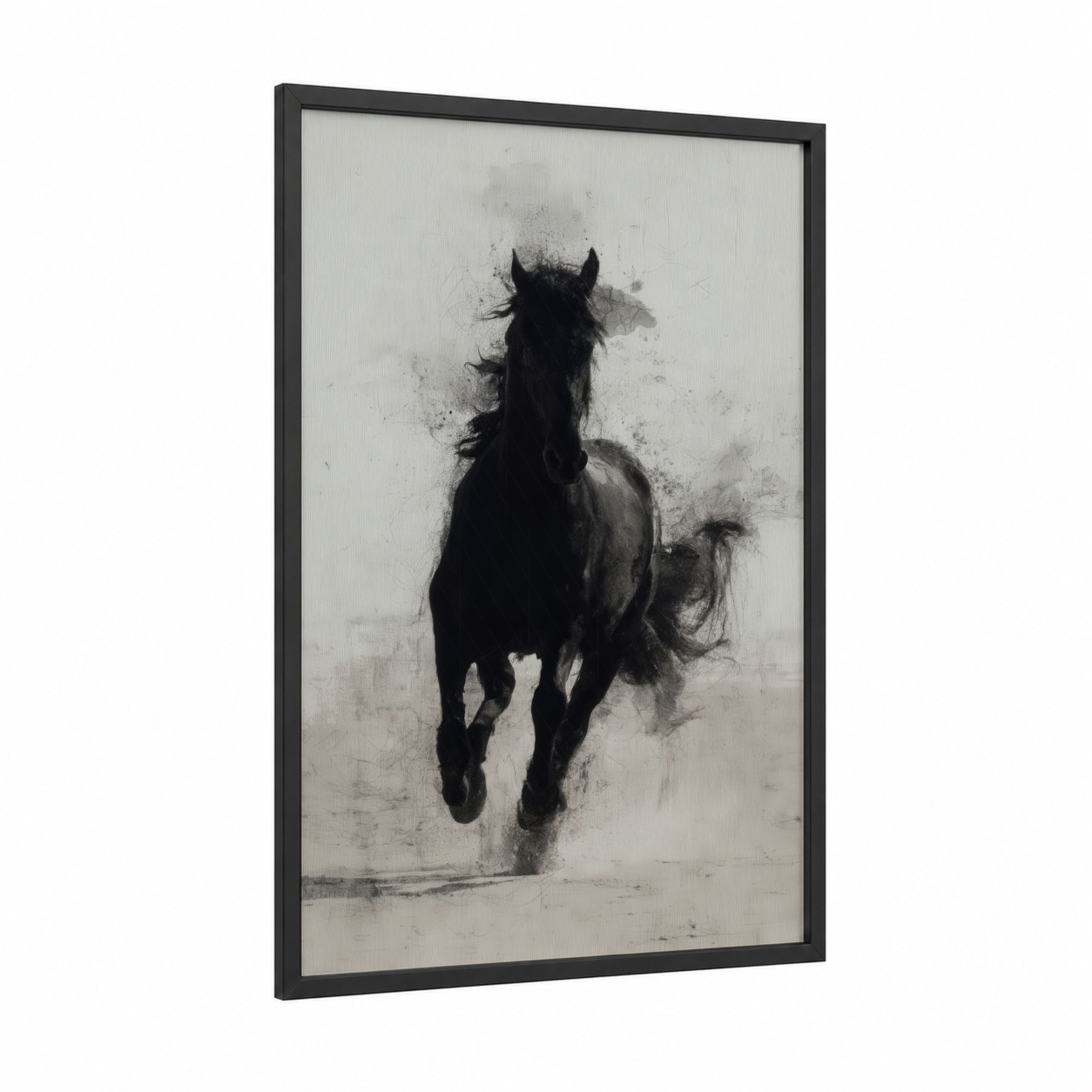 Stormy Friesian framed friesian horse print — black wood frame — black and white and gray palette