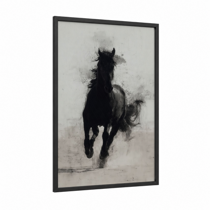 Stormy Friesian framed friesian horse print — black wood frame — black and white and gray palette