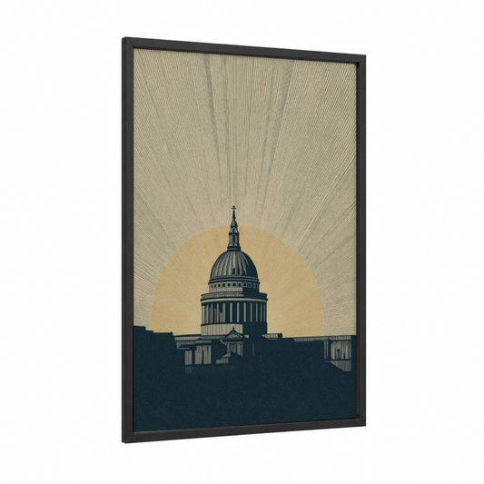 Golden Cathedral Light framed saint paul's cathedral print — black wood frame — gold and dark blue palette