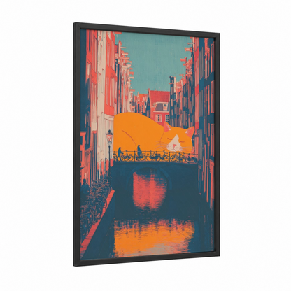 Sleeping Canal Cat framed art print — black wood frame — red and teal palette