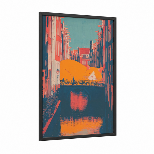 Sleeping Canal Cat framed art print — black wood frame — red and teal palette
