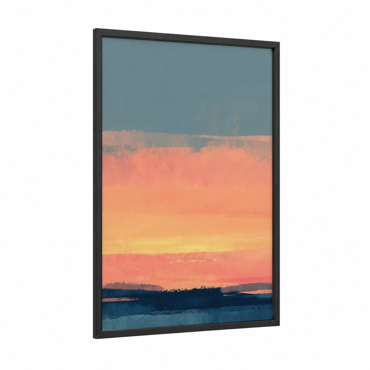 Serene Dawn Landscape framed morning sky print — black wood frame — peach and bermuda gray palette