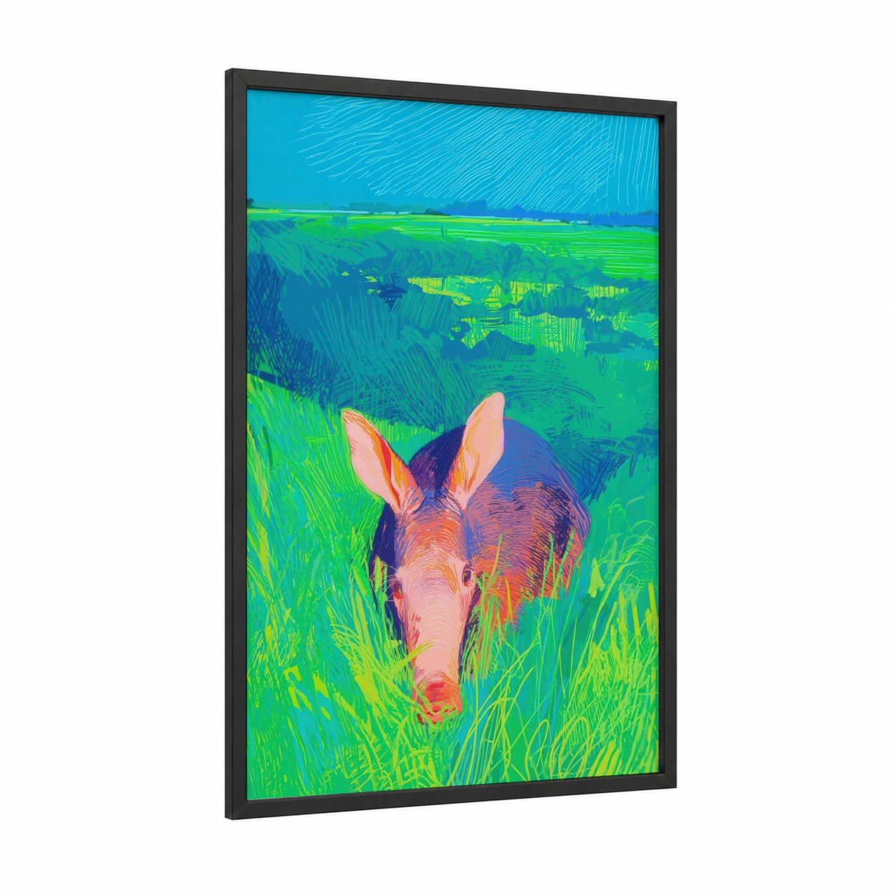Neon Aardvark framed art print — black wood frame — blue and green palette