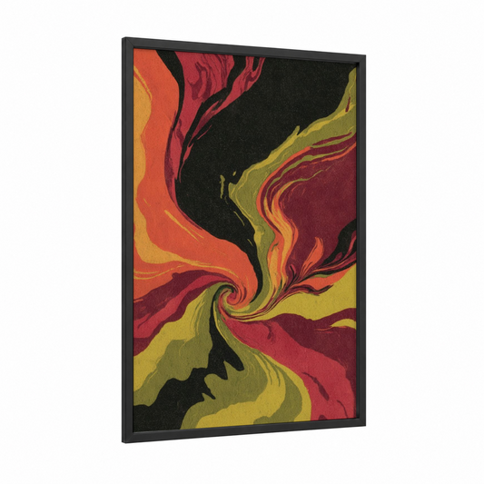 Molten Swirl framed abstract expressionism print — black wood frame — orange and red palette