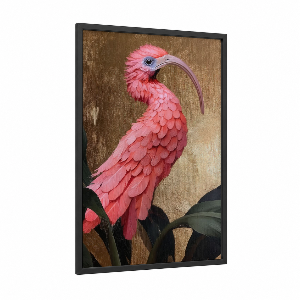 Pink Kiwi framed art print — black wood frame — peach and gold palette