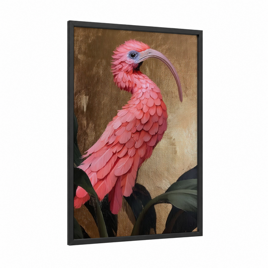 Pink Kiwi framed art print — black wood frame — peach and gold palette