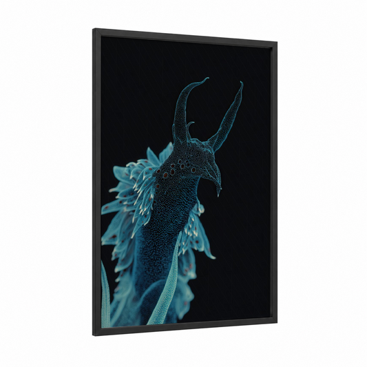Turquoise Nudibranch framed art print — black wood frame — teal and black palette