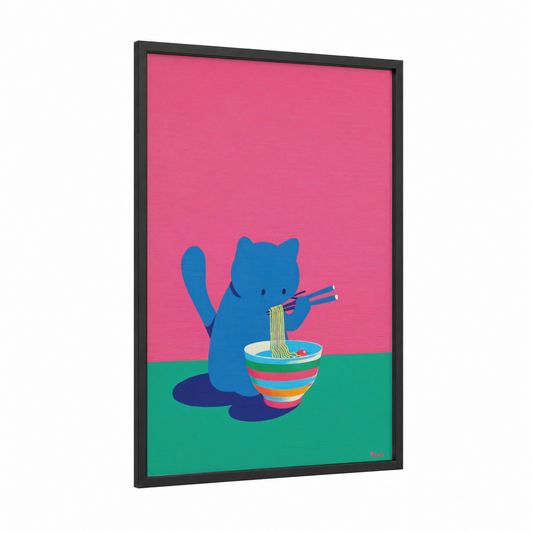 Noodle Cat framed art print — black wood frame — pink and blue palette