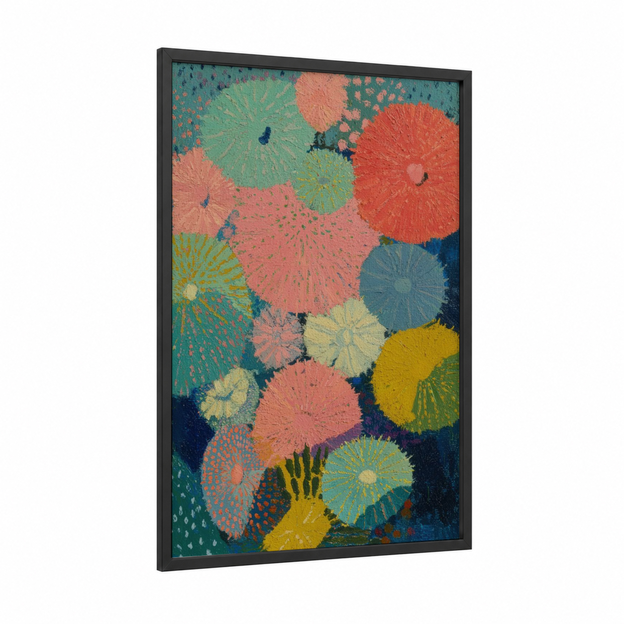 Colorful Sea Urchins framed art print — black wood frame — teal palette