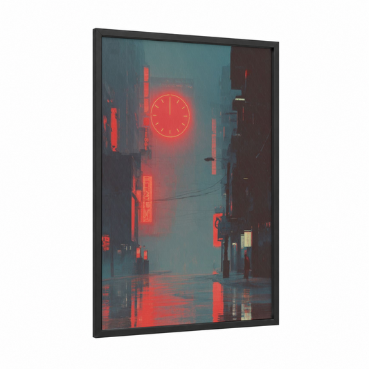 Neon Clock Alley framed art print — black wood frame — red and teal palette