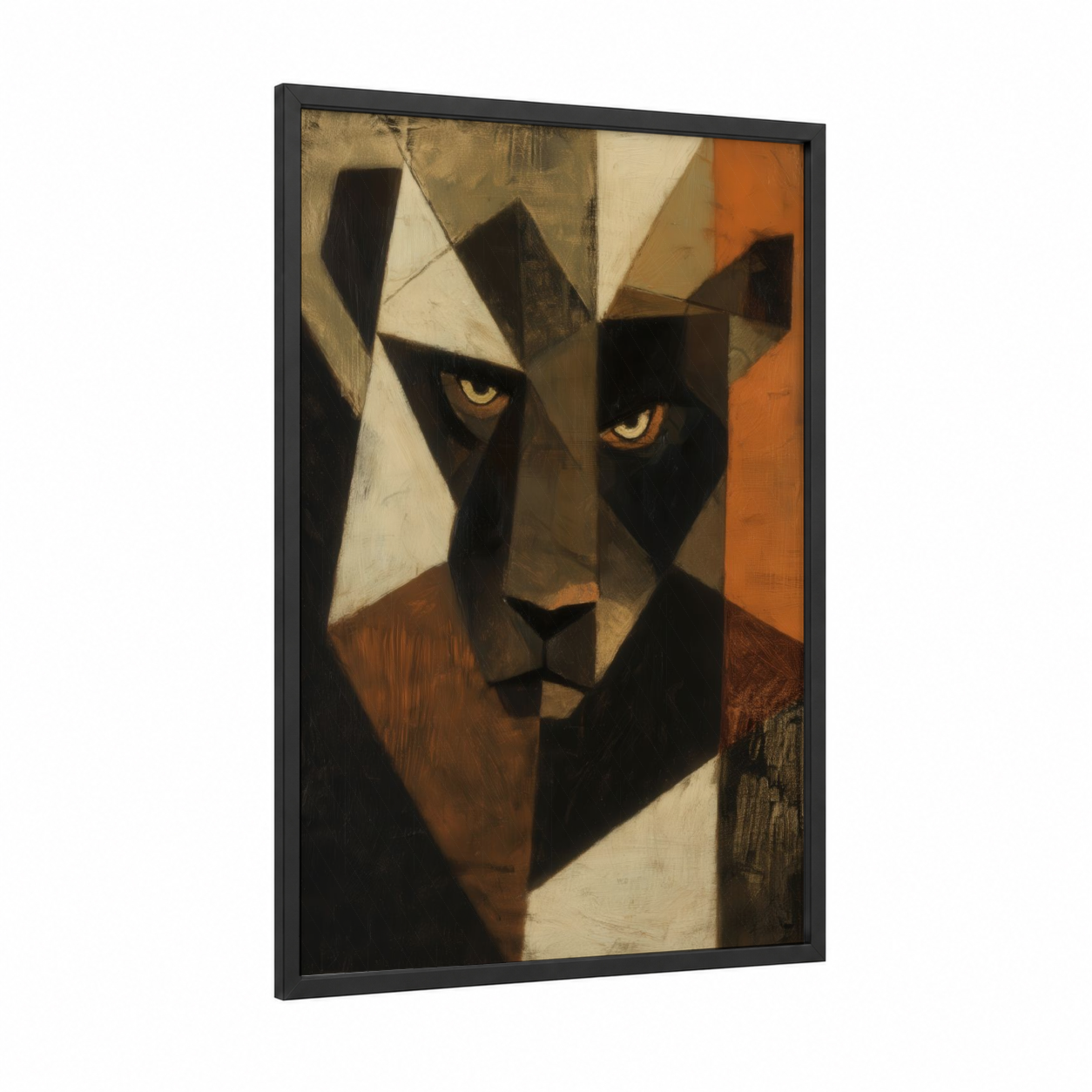 Geometric Panther framed art print — black wood frame — black and orange palette