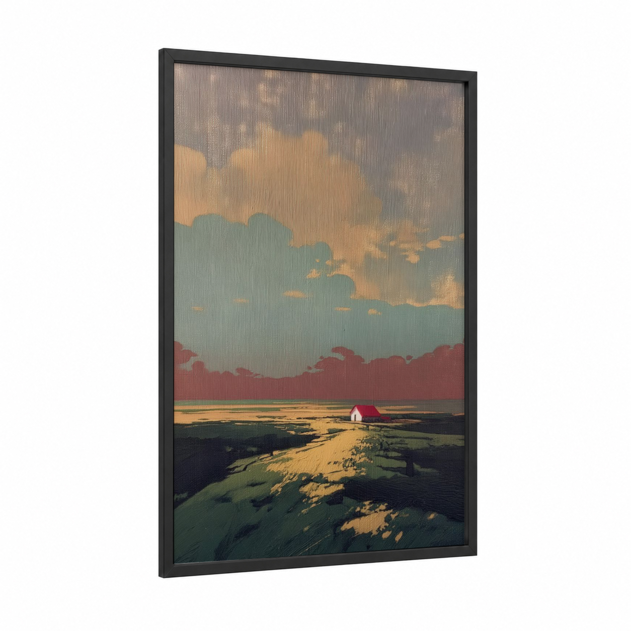 Solitary Homestead framed various landscapes print — black wood frame — gold and teal palette