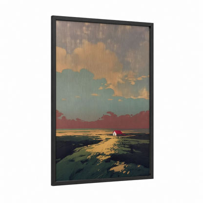 Solitary Homestead framed various landscapes print — black wood frame — gold and teal palette
