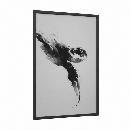 Ascending Turtle framed art print — black wood frame — black and white and gray palette