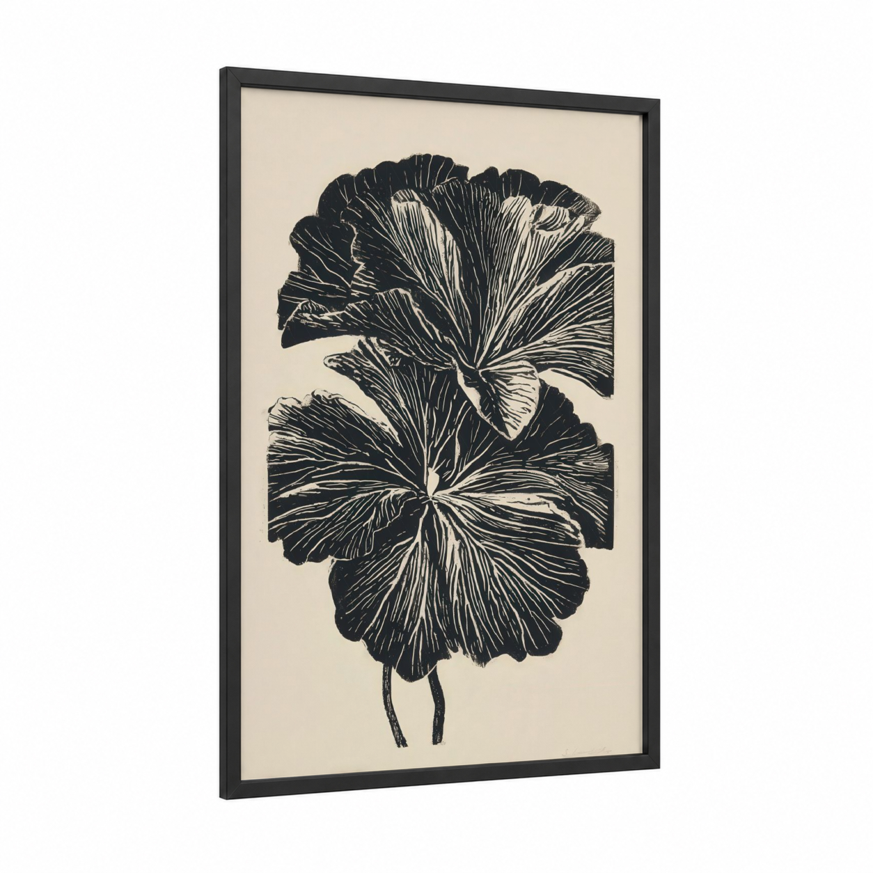 Botanical Geranium framed art print — black wood frame — black and white palette