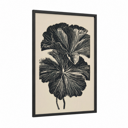 Botanical Geranium framed art print — black wood frame — black and white palette