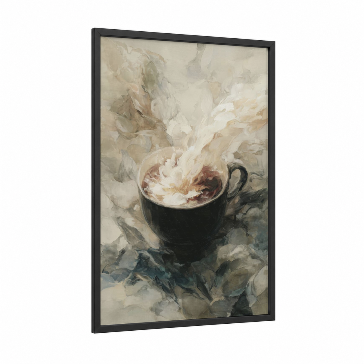 Floral Milk Cup framed art print — black wood frame — cream and gray palette