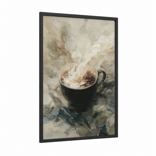 Floral Milk Cup framed art print — black wood frame — cream and gray palette