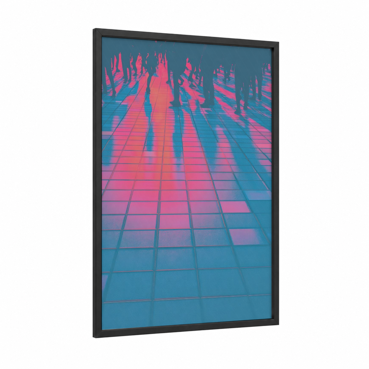 Neon Disco Grid framed art print — black wood frame — magenta and dark blue palette