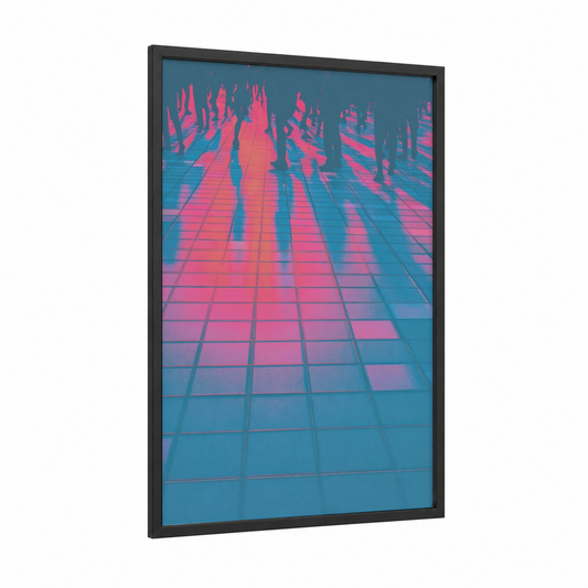 Neon Disco Grid framed art print — black wood frame — magenta and dark blue palette