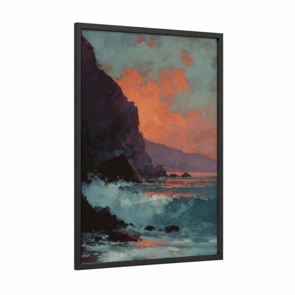 Sunset Cliff framed art print — black wood frame — orange and teal palette