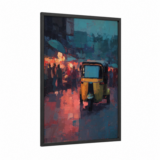 Evening Rickshaw framed art print — black wood frame — teal and red palette
