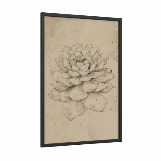 Botanical Succulent framed art print — black wood frame — beige and black and white palette