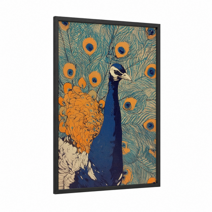 Ornamental Peacock framed art print — black wood frame — gold and teal palette