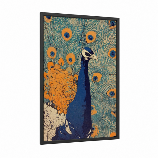 Ornamental Peacock framed art print — black wood frame — gold and teal palette