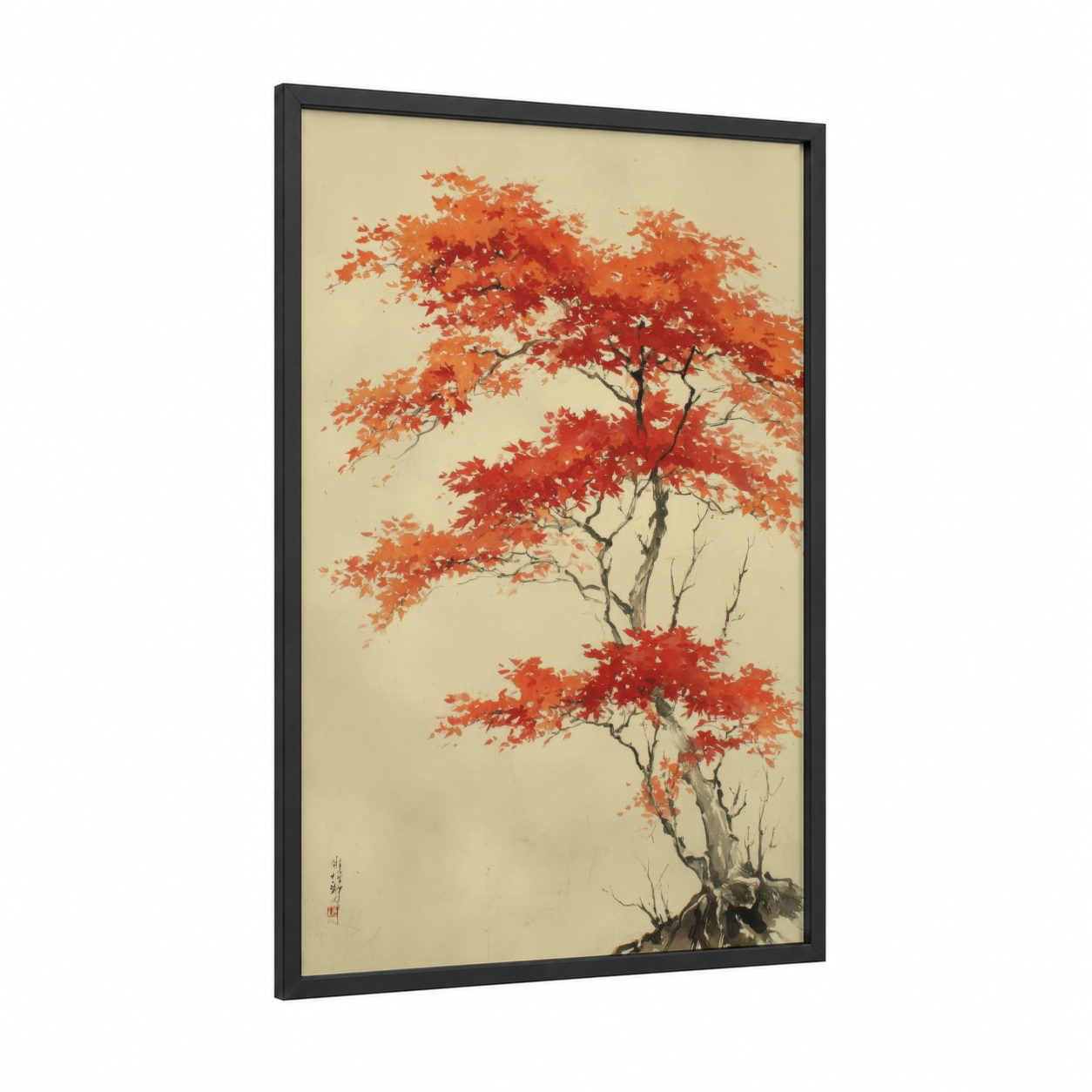 Autumn Bonsai framed bonsai tree print — black wood frame — red and cream palette