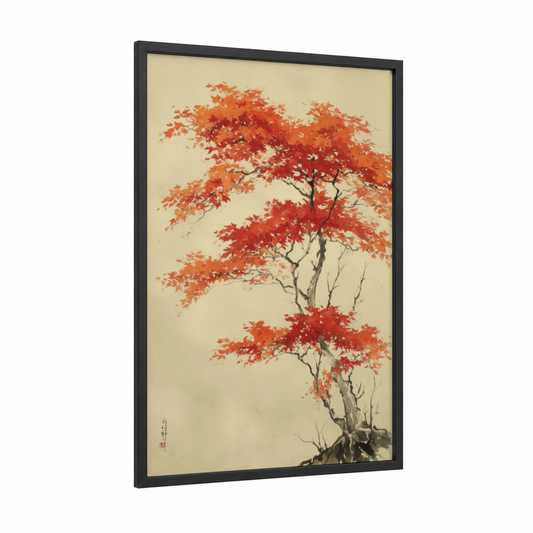 Autumn Bonsai framed bonsai tree print — black wood frame — red and cream palette