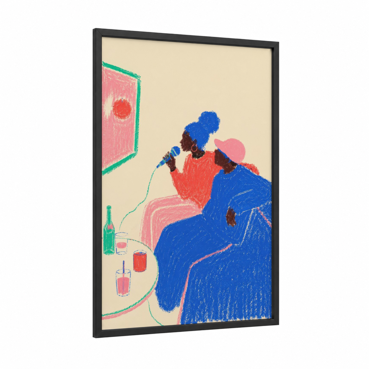 Jazz Singer Woman Wall Art framed musician print — black wood frame — blue and pink palette