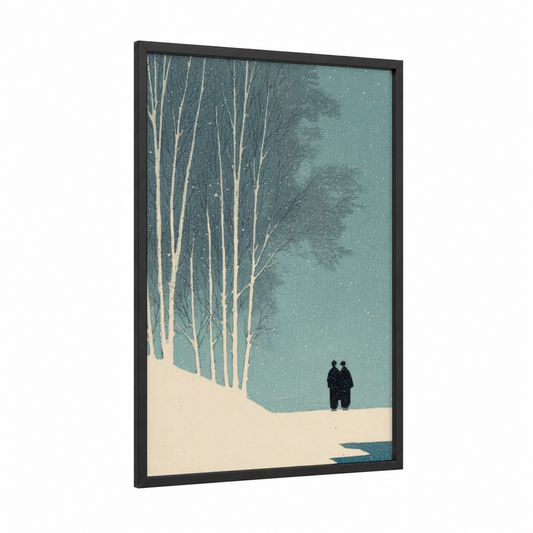 Snowy Couple framed art print — black wood frame — teal and cream palette