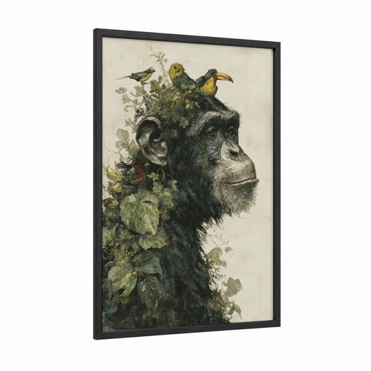 Botanical Chimpanzee framed art print — black wood frame — beige and light green palette