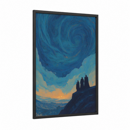 Epiphany Pilgrims framed art print — black wood frame — blue and gold palette