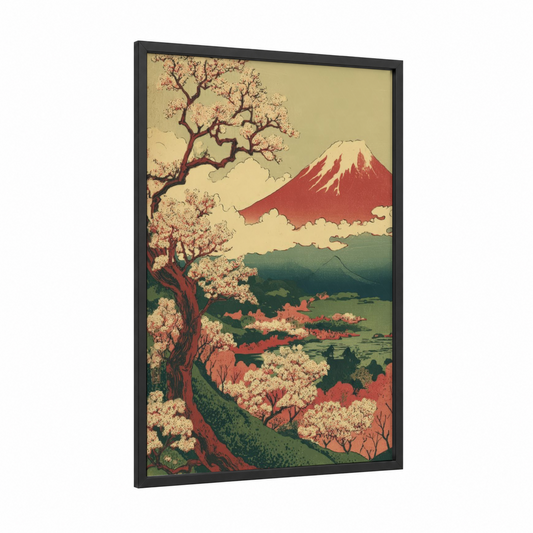 Cherry Blossom Volcano framed art print — black wood frame — cream and rose gold palette