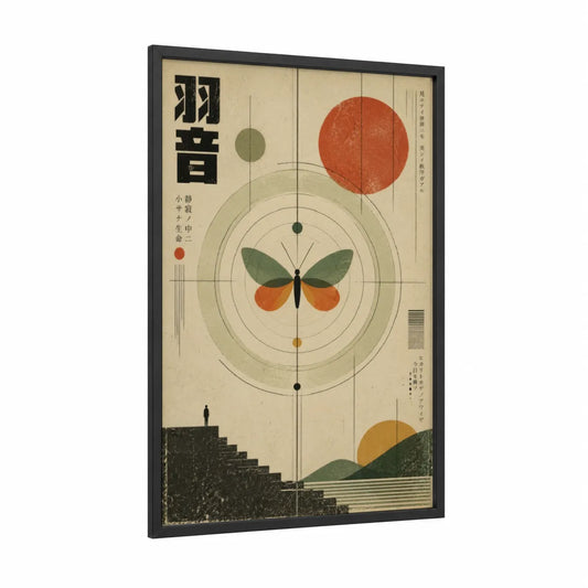 Japanese Geometric Butterfly Vintage Wall Art framed art print — black wood frame — beige and olive palette