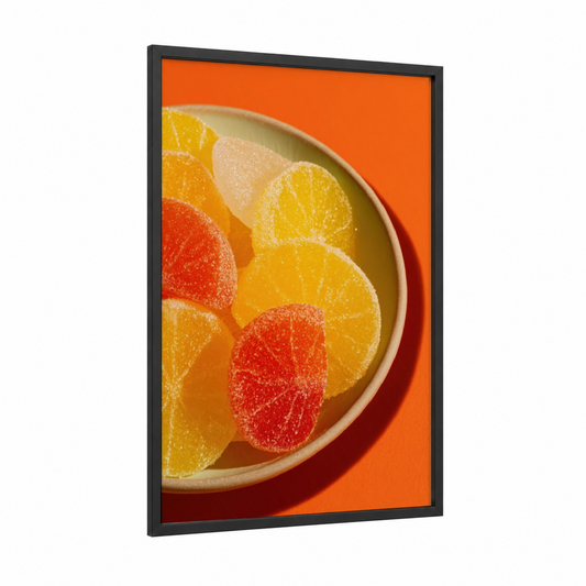 Citrus Gummies framed sweet print — black wood frame — orange and yellow gold palette