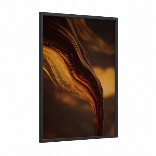 Molten Amber Flow framed glassworking print — black wood frame — gold palette