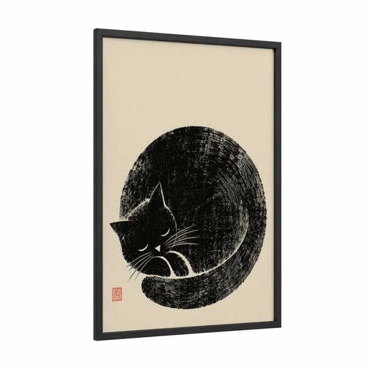 Japanese Black Cat Minimalist Wall Art framed art print — black wood frame — black and white and beige palette