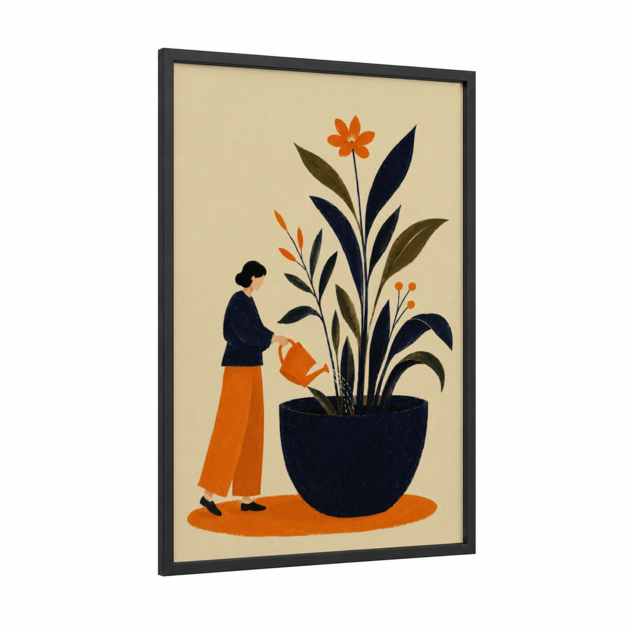 Woman Watering Plant Abstract Wall Art framed abstract flower print — black wood frame — orange and beige palette