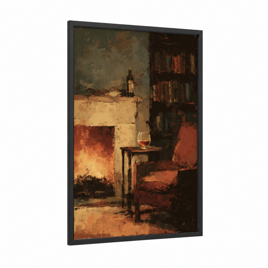 Fireside Whiskey framed art print — black wood frame — russet and gold palette