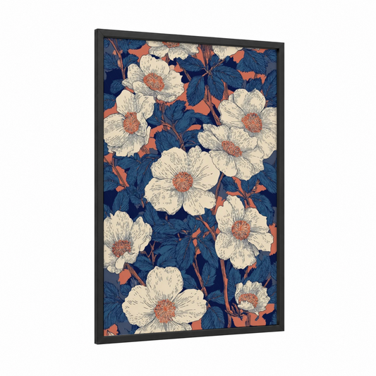 Cream Daisy Garden framed art print — black wood frame — cream palette