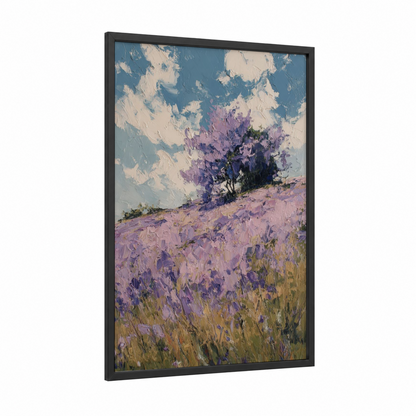 Lilac Hillside framed art print — black wood frame — purple and blue and white palette