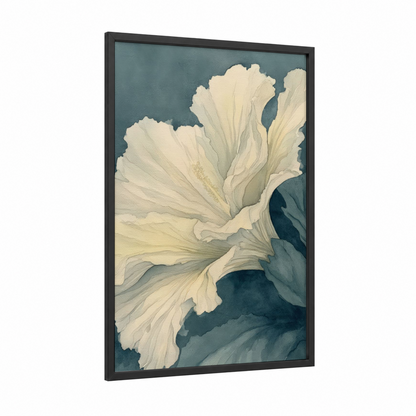 Creamy Hibiscus framed art print — black wood frame — cream and dove gray palette
