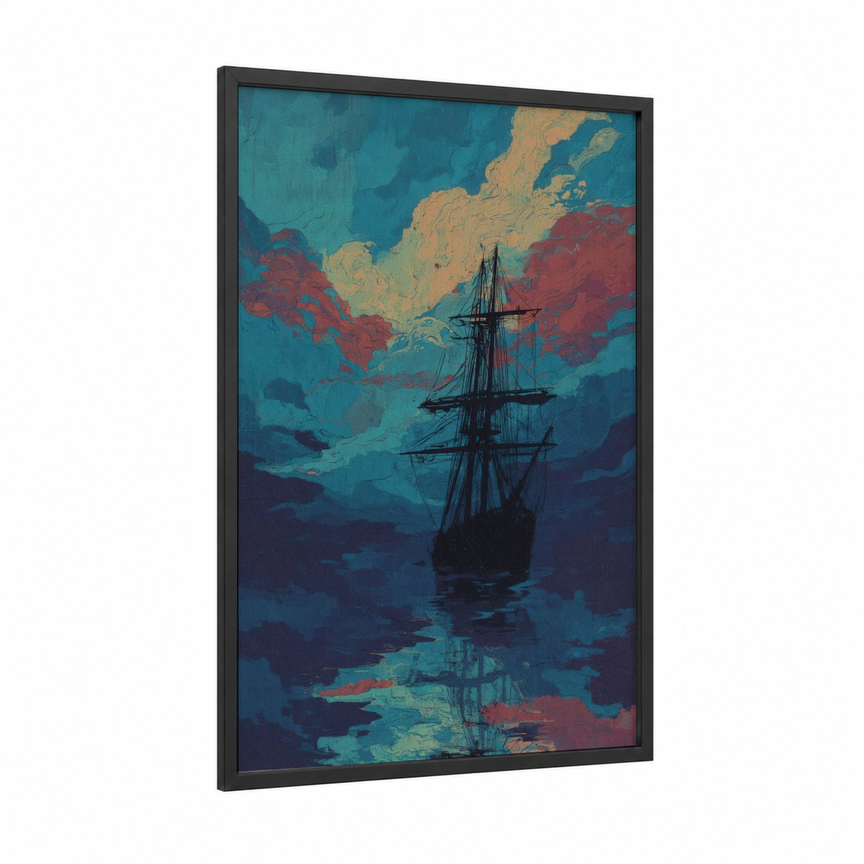 Crimson Voyage framed sailing ship print — black wood frame — teal and maroon palette